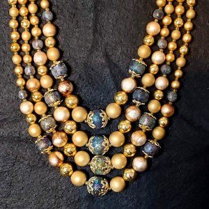 Mid-Century Vintage Four-Strand Gold with Blue Accent Beaded Choker Necklace